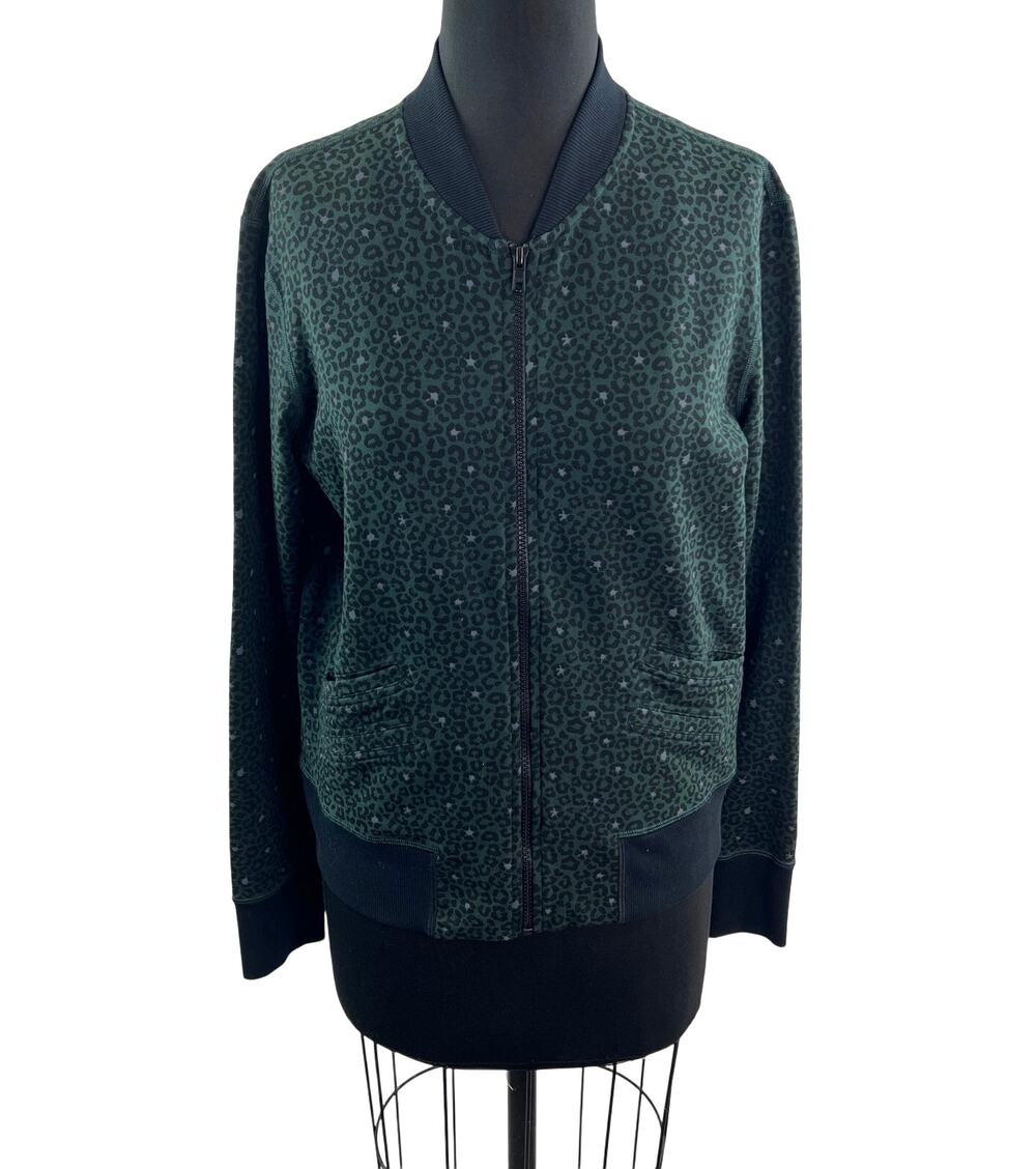 Nancy Rose Performance Green Black Bomber Jacket Cotton Leopard Full Zip Size 8